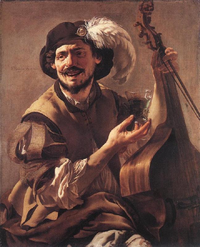 TERBRUGGHEN, Hendrick A Laughing Bravo with a Bass Viol and a Glass  at oil painting image